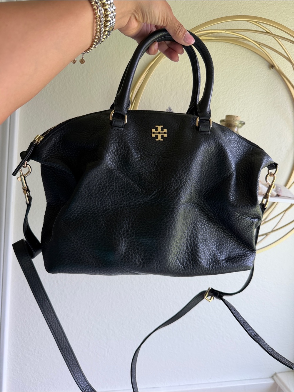 Tory Burch Black Pebbled Leather Shoulder Satchel with Gold Hardware